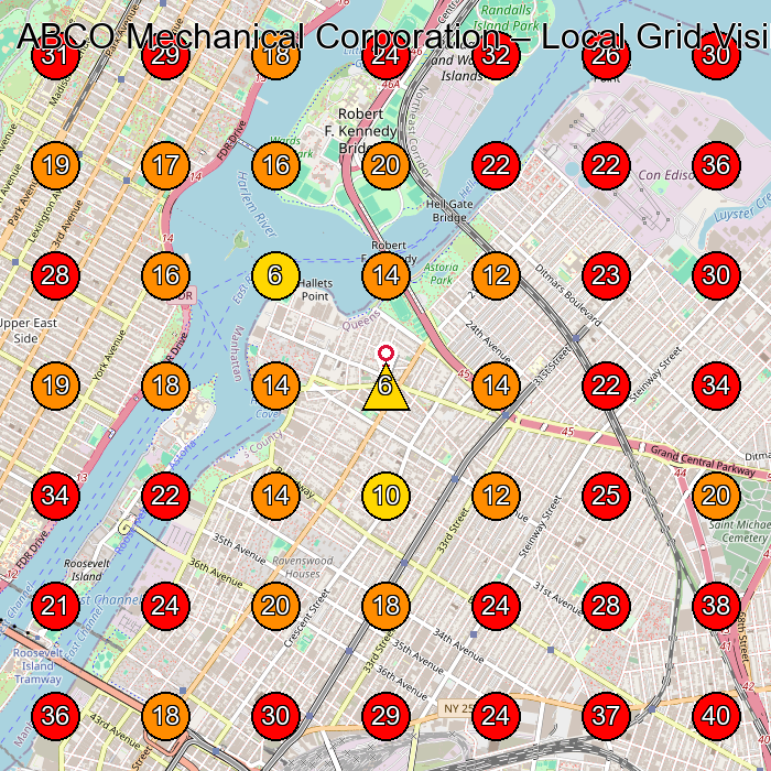 ABCO Mechanical Corporation GeoGrid visibility map for Air Conditioning Contractor in Long Island City
